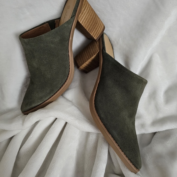 Splendid Olive Genuine Suede Slip-On Roberta Stacked Heel Mules - Picture 10 of 14